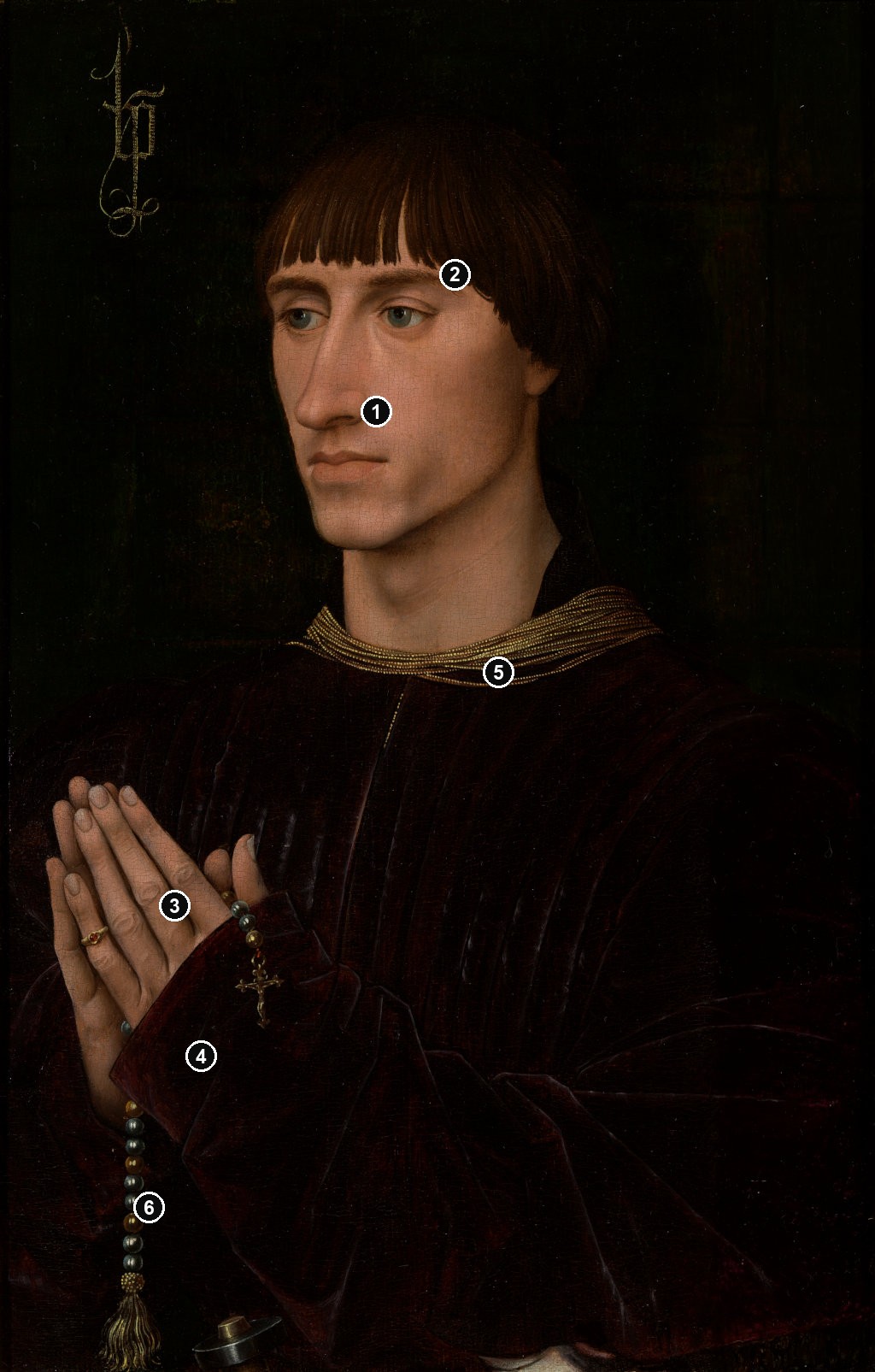 Annotated details from Portrait of Philippe de Croy by Rogier van der Weyden